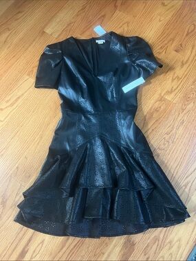 Shoshanna Black Faux Leather Ruffle Eyelet Mini Dress fully lined NWT 2 Sexy